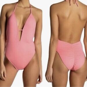 Bikinilab Bikini Lab Cheeky Ruched Bottom Pink Deep V One Piece Swimsuit Medium